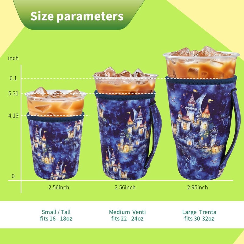 Snowso 3 Pack Iced Coffee sleeve Insulated Neoprene Cup Sleeves with handle For Cold Drinks Beverages, Reusable Cup Holder for 16oz-32oz Coffee Cups (Castle in the Sky) - Image 2